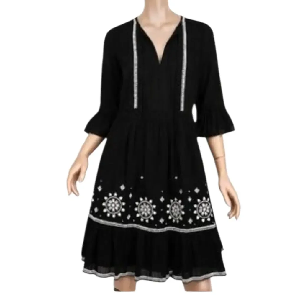 Kate Spade Black & White Mosaic Embroidered Dress 3/4 Sleeves Tassel Tie 0